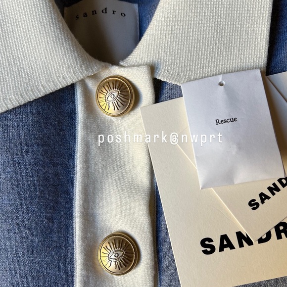 SANDRO Cher Coatigan Cardigan Jacket Sweater Top Bleu Ciel Blue White 0 XS - Picture 5 of 14